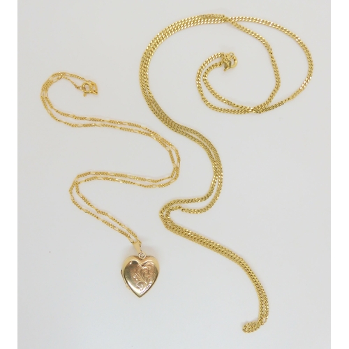 740 - A 14k gold curb link chain, length 68cm, weight 9.8gms, together with a 9ct heart shaped locket and ... 