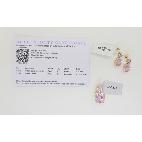 743 - A pair of 9ct gold Kunzite and zircon earrings, together with a 9ct gold Thomas Rae designed pendant... 