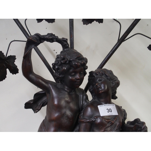 30 - A 20th century spelter figural table lamp with three floral moulded glass shades, 84cm high