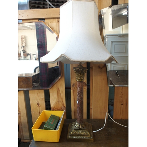 63 - A mixed lot to include cased Singer sewing machine, brass and marble based table lamp and two wall m... 