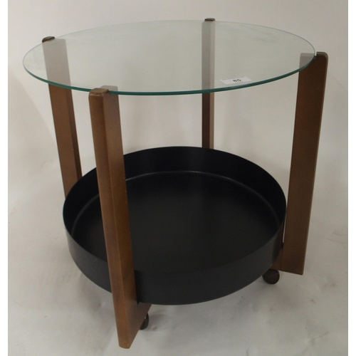 85 - A mid 20th century teak and glass topped circular occasional table with Bakelite tray insert, 49cm h... 