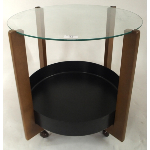 85 - A mid 20th century teak and glass topped circular occasional table with Bakelite tray insert, 49cm h... 