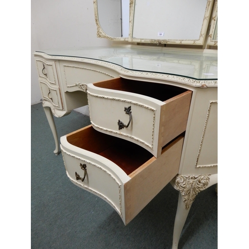 108 - A 20th century continental style white painted kidney shaped triple plate dressing table, 146cm high... 