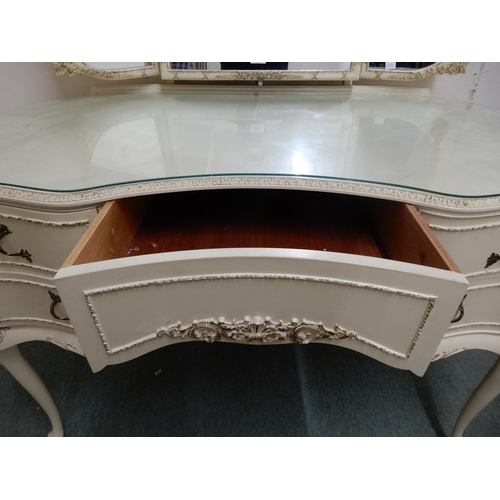 108 - A 20th century continental style white painted kidney shaped triple plate dressing table, 146cm high... 