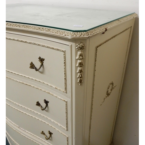 109 - A 20th century continental style white painted serpentine front chest of five drawers, 109cm high x ... 