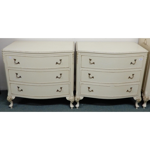 110 - A pair of 20th century continental style white painted chests of three drawers, 74cm high x 78cm wid... 