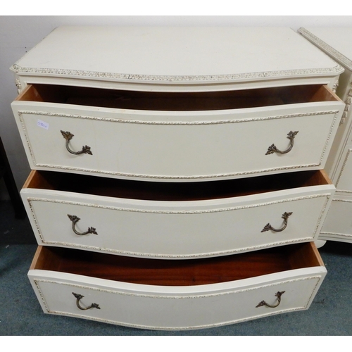 110 - A pair of 20th century continental style white painted chests of three drawers, 74cm high x 78cm wid... 