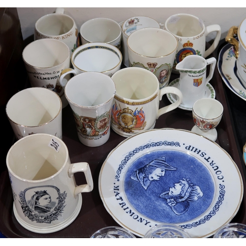 205 - A transfer printed Matrimony and Courtship plate, various commemorative mugs including George V Coro... 