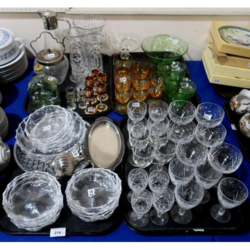 214 - Assorted drinking glasses including Edinburgh, crystal vases, dessert services, coloured glass etc