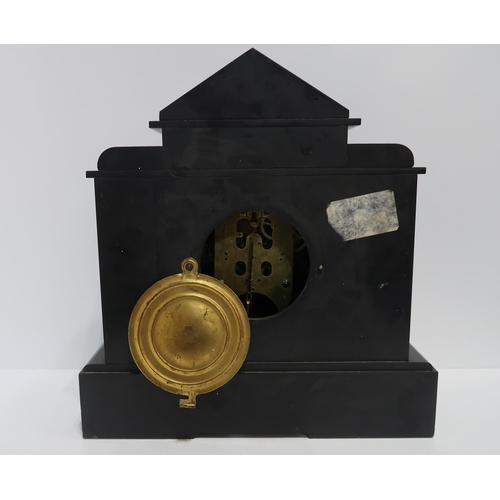 221 - A Victorian black slate mantle clock, with Ansonia Clock Co movement sated 14 June 81