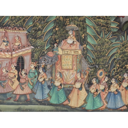 83 - A 20th century Indian framed painting depicting a wedding procession , 123cm high x 180cm wide