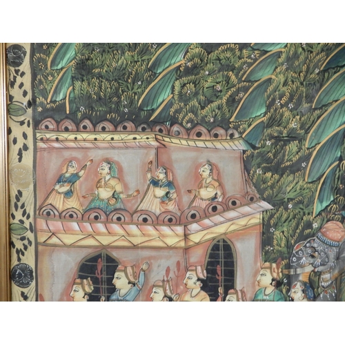 83 - A 20th century Indian framed painting depicting a wedding procession , 123cm high x 180cm wide