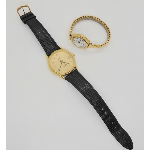 707 - A gold plated Omega Seamaster quartz, together with a 9ct gold ladies vintage Tissot watch with gold... 