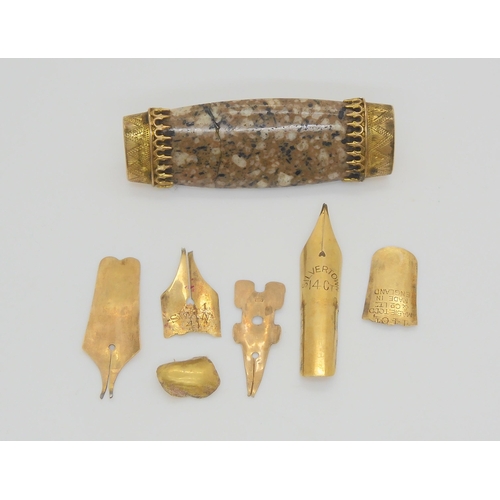 711 - 14k gold pen nibs, a gold tooth crown and a yellow metal mounted (af) pink granite brooch, weight to... 