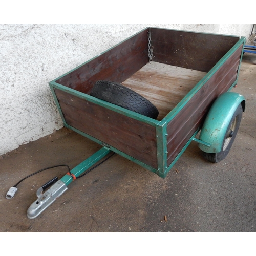 69A - A wood panelled side single axle car trailer with hinged tailgate with mounted lights and spare whee... 