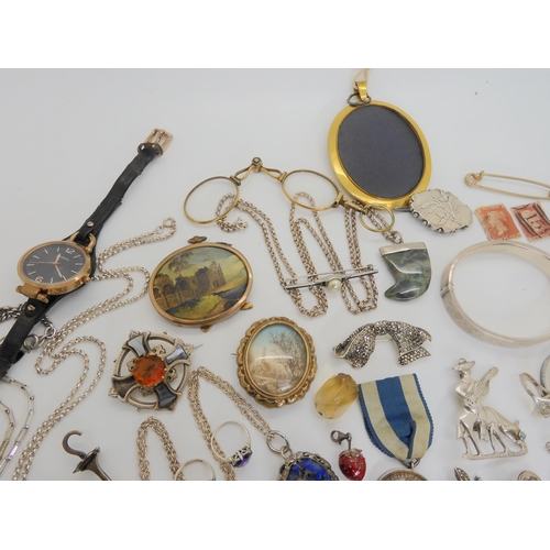 741 - A silver bangle, Siam brooch, A Hair art Mourning brooch, a silver lizard brooch and other items