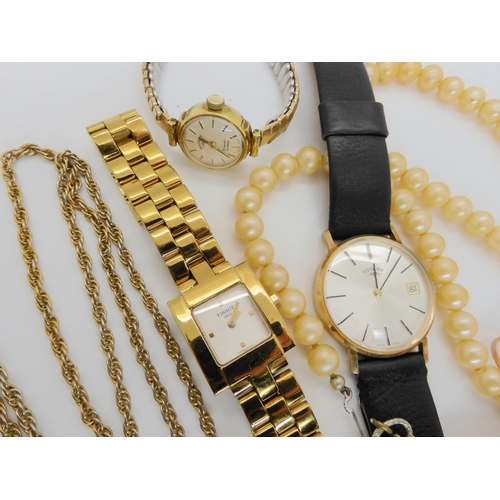 744 - A 9ct gold chain strung with pearls, a 9ct gold gents Rotary watch, a 9ct and silver gem set flower ... 