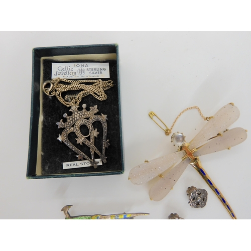 745 - A John Hart silver Luckenbooth pendant and Celtic cross earrings in original boxes, a silver gilt dr... 