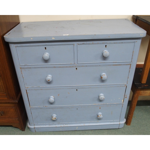 97 - A Victorian painted pine two over three chest of drawers, 104cm high x 105cm wide x 51cm deep