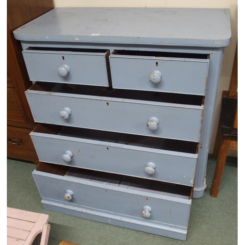 97 - A Victorian painted pine two over three chest of drawers, 104cm high x 105cm wide x 51cm deep