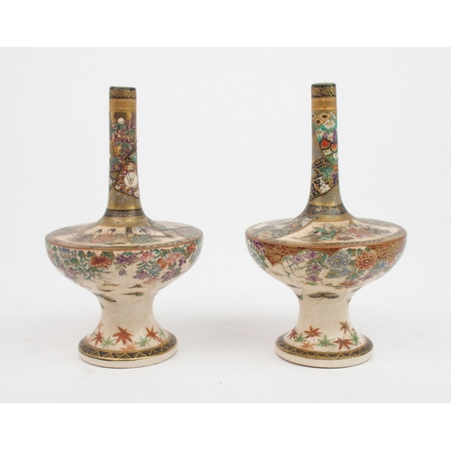 2366 - A PAIR OF SATSUMA COMPRESSED SLENDER VASESpainted with panels of figures above butterflies and flowe... 