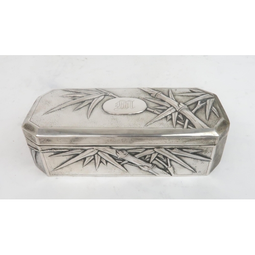 2378 - A CHINESE SILVER EXPORT OCTAGONAL BOX cast with bamboo, surrounding a monogrammed cartouche, stamped... 