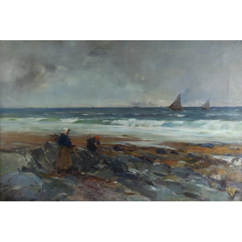 2964 - DAVID FULTON RSW (SCOTTISH 1848-1930) BEACHCOMBERS ON A ROCKY SHORE Oil on canvas, signed lower left... 