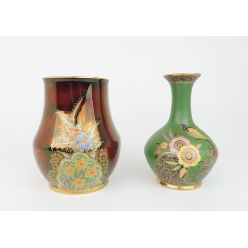 2153 - TWO CARLTON WARE VASES including Feather-tailed Bird and Flower vase on green ground, pattern no. 33... 