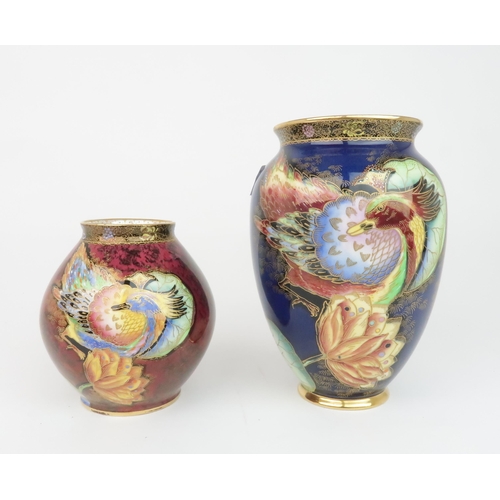 2155 - TWO CARLTON WARE CRESTED BIRD AND WATERLILY PATTERN VASES one on a blue ground, pattern no. 3529, 18... 
