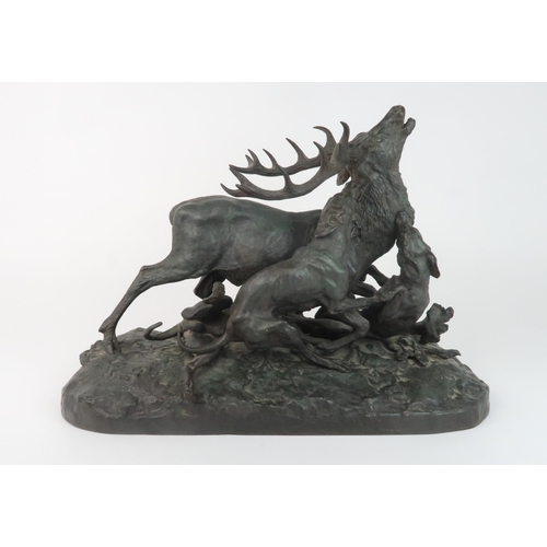 2193 - AFTER P J MENE - THE STAG HUNTcast iron with green patination, incised signature to base, 42cm long... 
