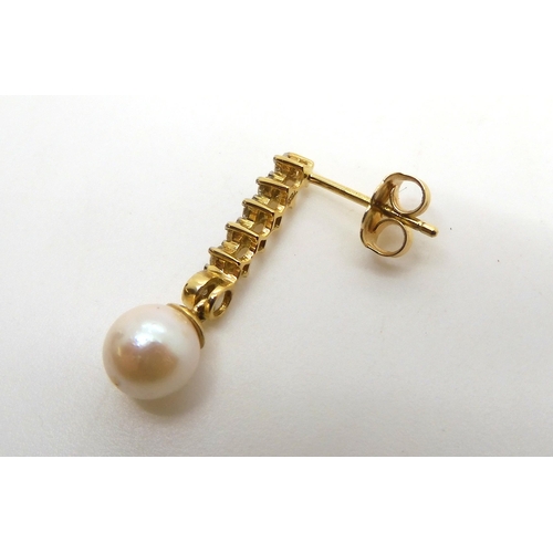 470 - A pair of 9ct gold diamond  and pearl drop earrings, set with estimated approx 0.12cts of brilliant ... 