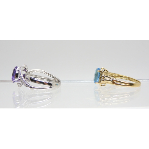 482 - A 9ct white gold amethyst and diamond ring, size P, together with a blue topaz and diamond  rin... 