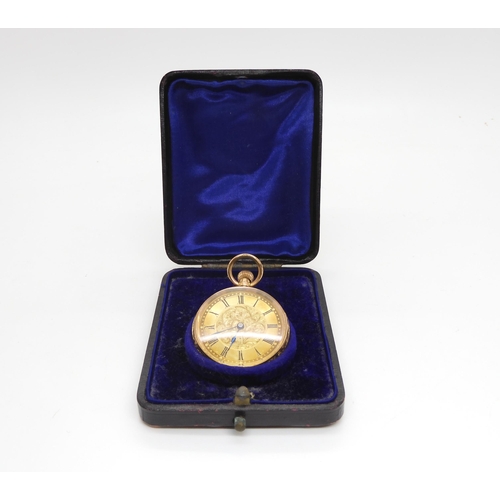 499 - A 14k gold small fob watch, with an engraved gold dial. Weight including 'metal' dust cover and mech... 