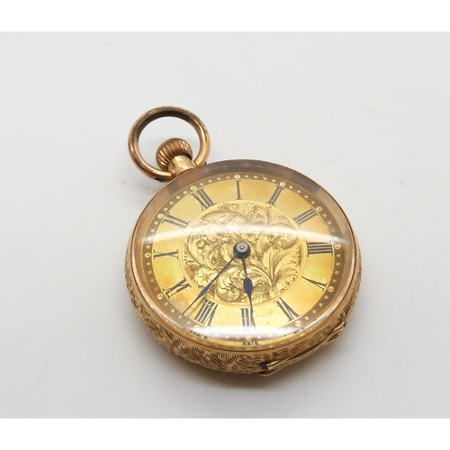 499 - A 14k gold small fob watch, with an engraved gold dial. Weight including 'metal' dust cover and mech... 