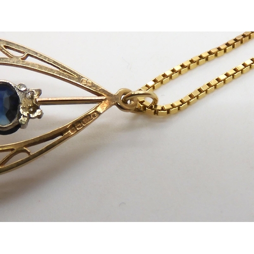 511 - A 9ct gold sapphire and diamond pendant, length of pendant 3cm, length of box chain 50cm, weight 4.8... 