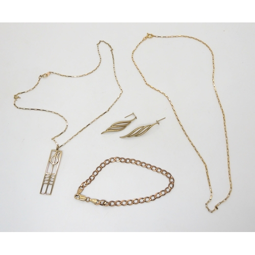 528 - A collection of 9ct to include a Mackintosh style pendant on chain, length 46cm, a further chain len... 