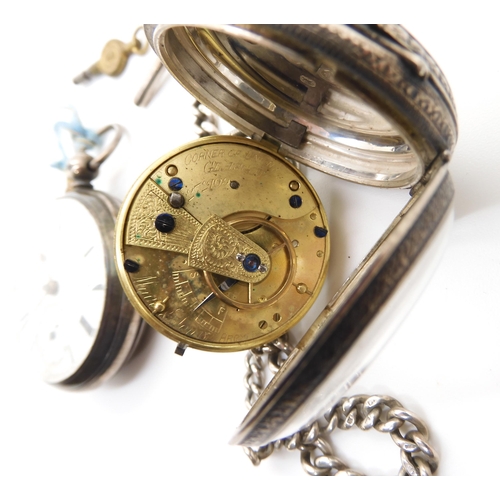 577 - A silver open face pocket watch with a decorative silver dial, and silver fob chain, diameter of the... 