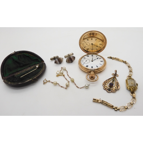 599 - A gold plated full hunter pocket watch, a gold plated Edwardian pendant, a gold plated watch and oth... 