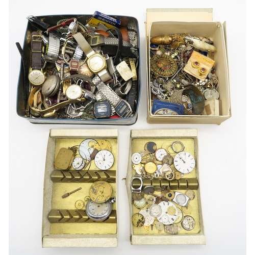 381 - A large quantity of vintage watches and loose components, assorted costume jewellery and a London si... 