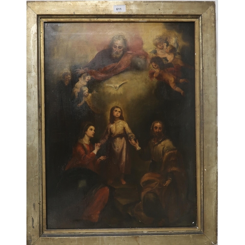 611 - SPANISH SCHOOL (AFTER  BARTOLOME' ESTEBAN MURILLO)THE HEAVENLY AND EARTHLY TRINITIESOil on canvas, 6... 