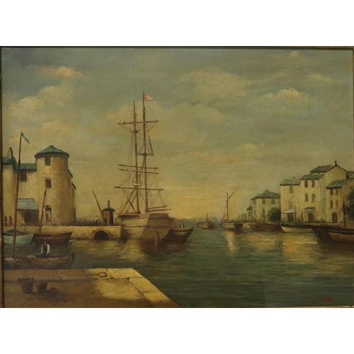 619 - 20th CENTURY SCHOOL HARBOUR SCENEOil on canvas, signed lower right, 29 x 39cm... 