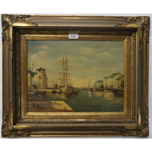 619 - 20th CENTURY SCHOOL HARBOUR SCENEOil on canvas, signed lower right, 29 x 39cm... 