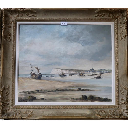 621 - A. GIRARD (FRENCH)BOATS AT LOW TIDE Oil on canvas, signed lower left,  45 x 54cm... 