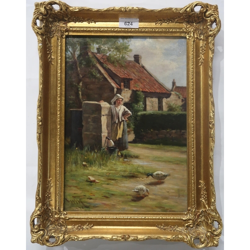 624 - SCOTTISH SCHOOLGIRL WITH DUCKSOil on canvas, signed lower left (W.M.), dated 1879, 34 x 23 cm... 