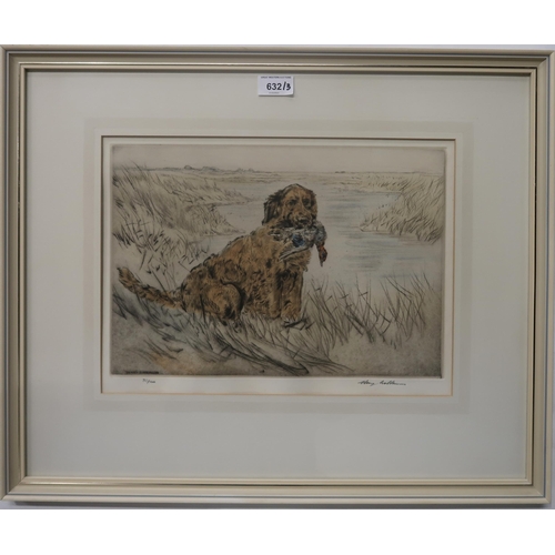 632 - HENRY WILKINSON (BRITISH 1912-2011)RETRIEVER WITH A DUCKEtching in colours, signed lower right, 30/1... 