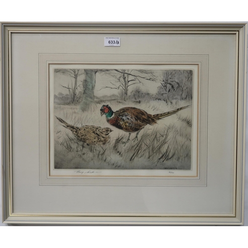 633 - HENRY WILKINSON (BRITISH 1912-2011)PHEASANTSEtching in colours, signed lower left, 83/50, 25 x 34cmT... 