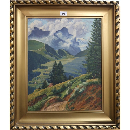 670 - SCOTTISH SCHOOLMOUNTAINOUS SCENEOil on canvas, signed lower right, 49 x 39cmTogether with another by... 