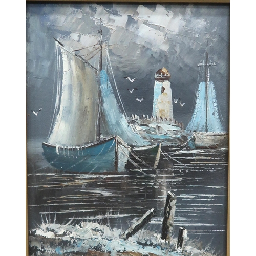 681 - CONTEMPORARY SCHOOLWAVES AT MOONLIGHTOil on canvas, signed (Saint) lower left, 18 x 24 cmTogether wi... 