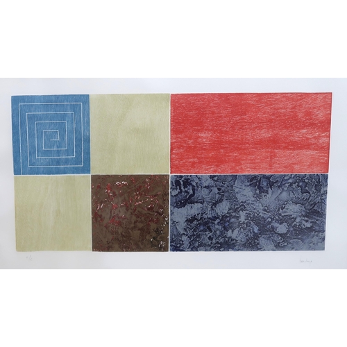 683 - CONTEMPORARY SCHOOLABSTRACT IN BLUE, PINK AND YELLOWEtching in colours, signed lower right, 58 x 49c... 