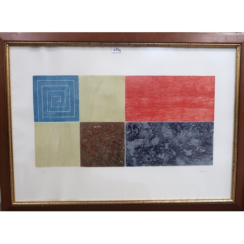 683 - CONTEMPORARY SCHOOLABSTRACT IN BLUE, PINK AND YELLOWEtching in colours, signed lower right, 58 x 49c... 